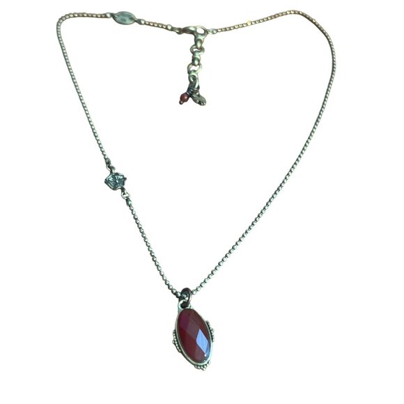 Lucky Brand Antique Gold Ball Chain Necklace Red Faceted Gemstone Pendant Adj - Picture 1 of 5